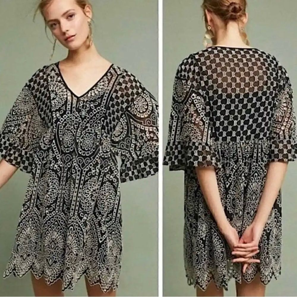 Anthropologie Akemi & Kin Sz 2 Brooke Eyelet Swing Dress Black‎ White Boh…